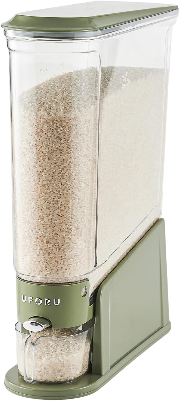 UFORU Slim Rice Dispenser 22 LB,Clear Rice Storage for Small Spaces | Green,BPA-Free Sealed Design for Rice, Grain and Cereal,Rice Container Fits Narrow Pantry Shelves and Countertops by UFORU