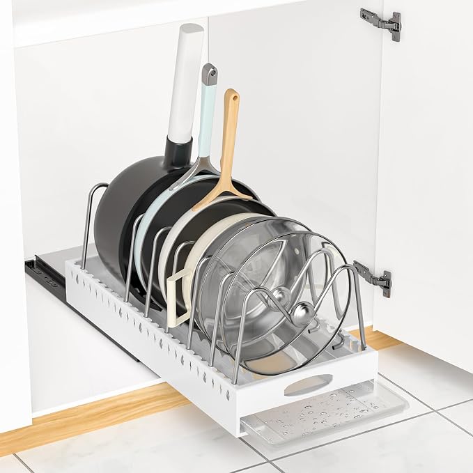 1 Pack | Adjustable Pots and Pans Organizer Under Cabinet with Drip Tray, Pull-Out Pot/Pan Lid Organizers Inside Cabinet, 20.5” Deep Carbon Steel Pan and Pot Racks with 9 Dividers for Countertop. by Lashow