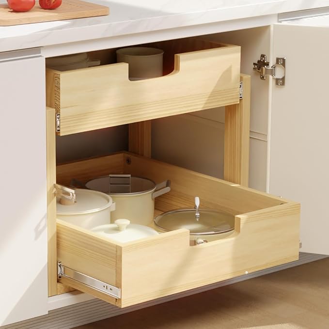 Pull Out Cabinet Organizer, 20''W×21''D Sliding Drawers for Cabinets, 2 Tier Soft Close Slide Out Wooden Pull out Drawers, Base Cabinet Organization for Kitchen, Pantry - Image 3