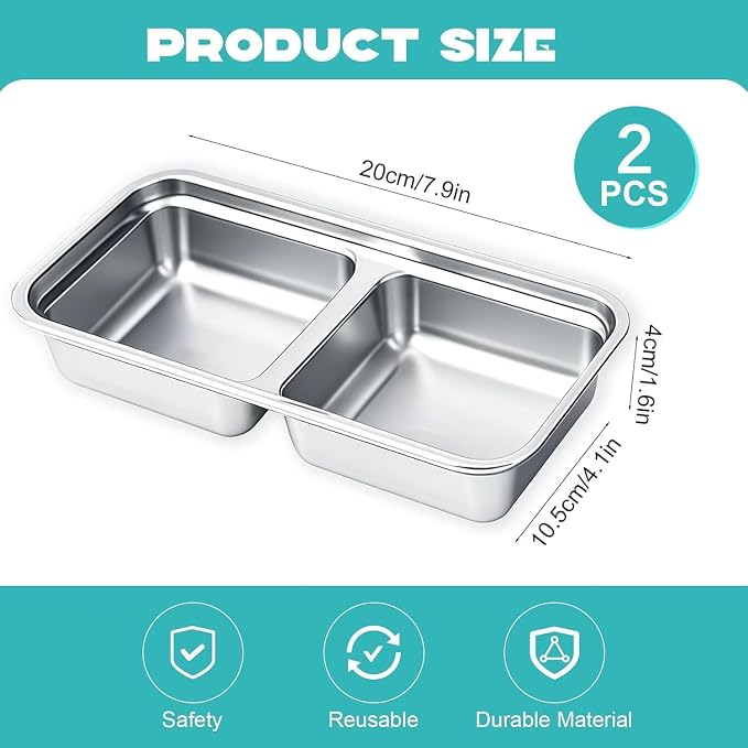 2Pcs 304 Stainless Steel Snack Containers, 2 Compartments Portable Food Storage Bento Boxes with Lids, Divided Meal Prep Lunch Box Food Container Dishwasher Safe - Image 2