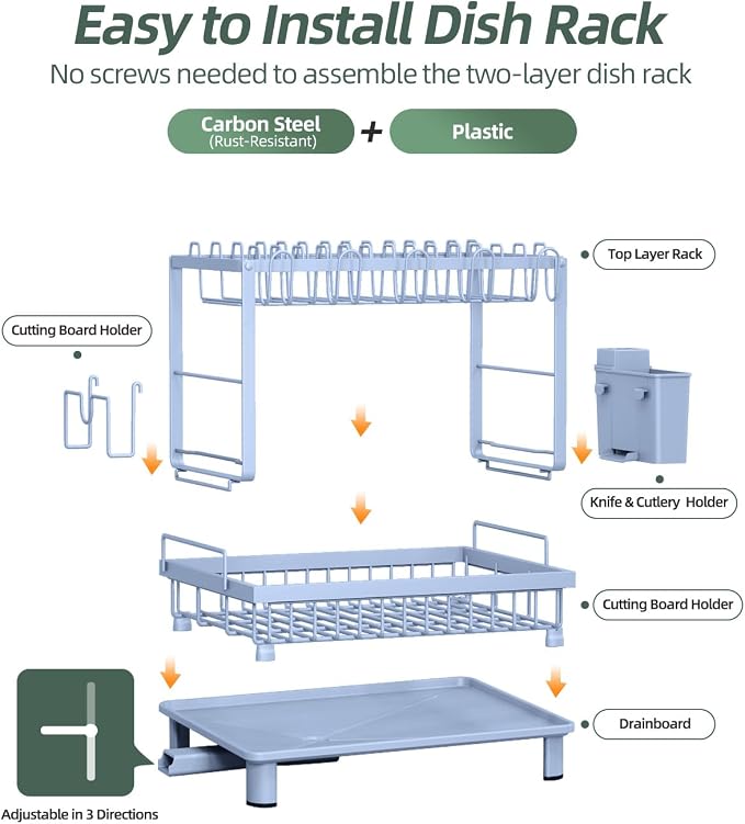 Dish Drying Rack 2-Tier Dish Racks with Drainboard, Rustproof, Space-Saving Dish Rack, Utensil & Cup Holder for Kitchen Counter, Blue - Image 6