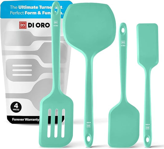 New DI ORO Silicone Turner Spatula Set - Kitchen Spatulas for Nonstick Cookware - Cooking Utensils for Flipping Eggs & Pancakes - 600°F Heat-Resistant BPA Free Turners - Dishwasher Safe (4pc, Mint) by DIORO