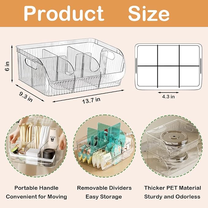 Large Snack Organizer for Countertop, Clear Snack Storage Bin | 13.7"×9.3"×6" for Kitchen Pantry, 6 Compartment Plastic Snack Bar with Dividers for Cabinet, Chip Packet Holder for Office - Image 2