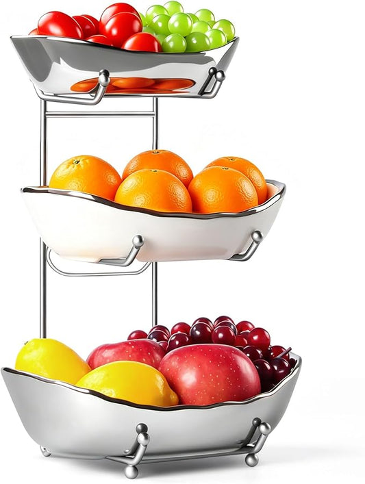 3 Tier Fruit Basket for Kitchen Counter, Detachable Ceramic Fruit Bowl Set with Metal Stand, Tiered Fruit Holder for Fruit Vegetable Dessert Storage, Countertop Organizer for Home, Silver by YUNLINLI