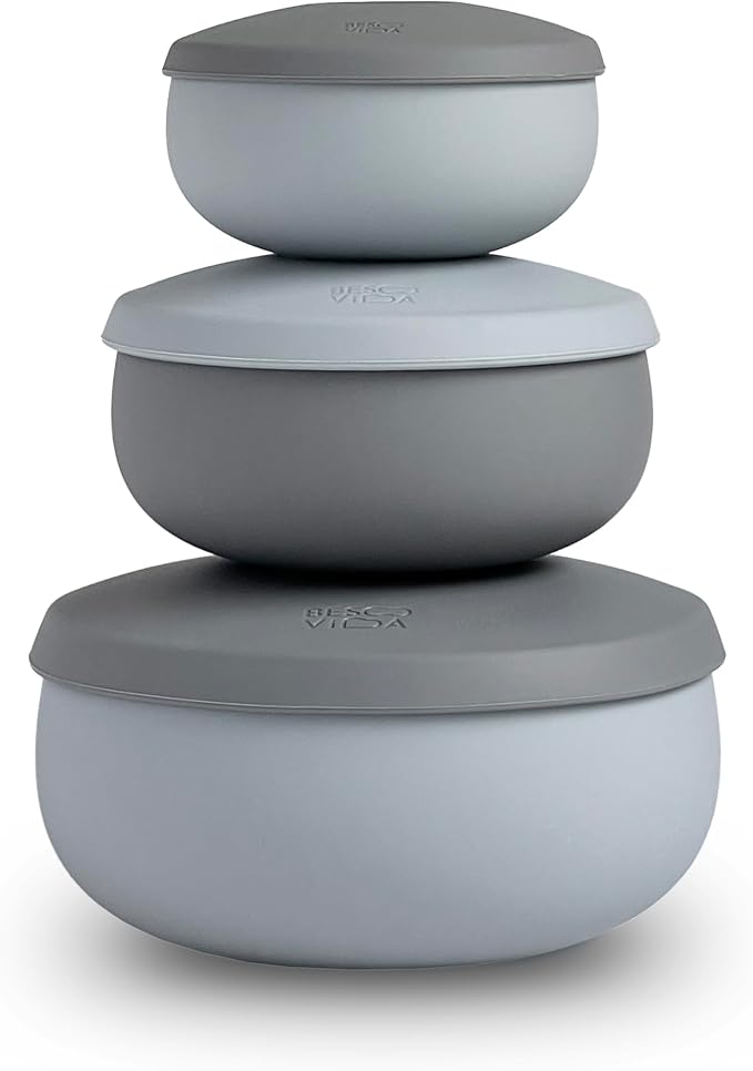 Silicone Bowl Set of 3 with Lids – Multi-Size, Leak-Proof, BPA-Free Food Storage Containers | Freezer, Microwave & Oven Safe | Ideal for Meal Prep & Leftovers (Rocky Gray) by BesoVida