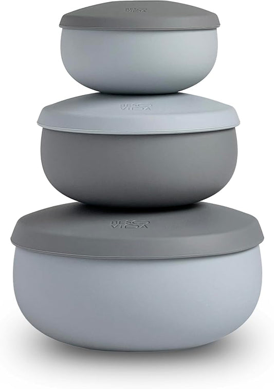Silicone Bowl Set of 3 with Lids – Multi-Size, Leak-Proof, BPA-Free Food Storage Containers | Freezer, Microwave & Oven Safe | Ideal for Meal Prep & Leftovers (Rocky Gray) by BesoVida