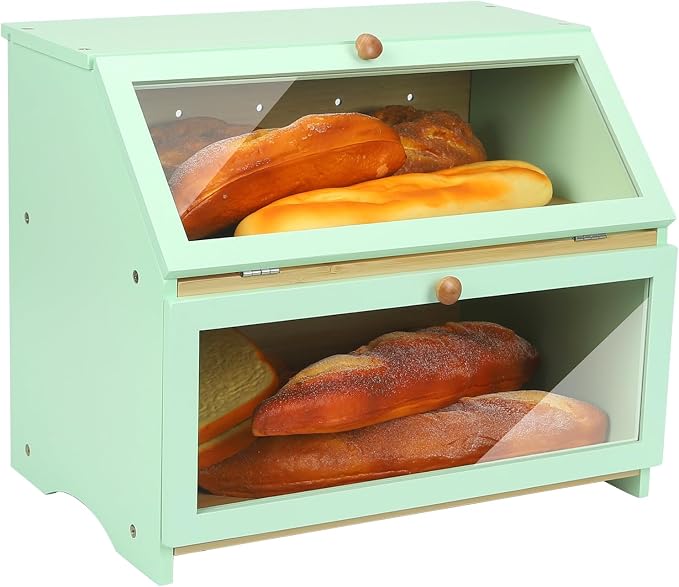 HOMEKOKO Double Layer Bread Boxes for Kitchen Countertop, Mint Green | Keeps Bread Fresh 3-4 Days, Large Capacity Fits 2+ Loaves, Suitable For Home Kitchen Food Storage Use, See-Through Window by HOMEKOKO