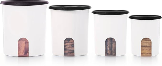 Tupperware One Touch Reminder Canisters 4 Canister Food Storage Set in White & Black, Dishwasher Safe and BPA Free, (4 Containers, 4 Lids) by Tupperware