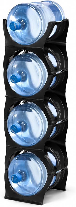 Stackable Water Bottle Storage Rack Best Water Jugs 5 Gallon Organizer. Jug Holder for Kitchen, Cabinet and Office Organizing. Reinforced Polypropylene (Black, 4 No Shelf) by Bariboo