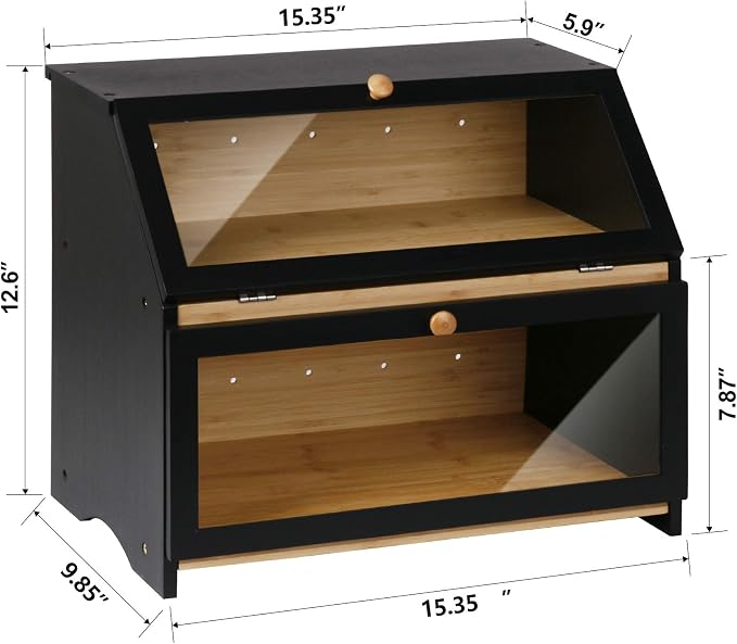 HOMEKOKO Double Layer Wooden Bread Box, Keep Bread Fresh Longer, Black | Keeps Bread Fresh 3-4 Days, Large Capacity Fits 2+ Loaves, Suitable For Home Kitchen Food Storage Use, See-Through Window - Image 5