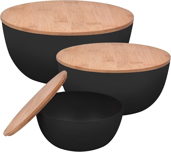 Salad Bowl with Lid, Set of 3 (7" + 8.8" + 11") Serving Bowl with Bamboo Cover, Bamboo Fiber Mixing Bowl for Salad Cereal Pasta Soup Fruit Popcorn Chips (Black) - Image 2