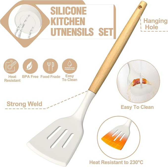 Umite Chef Silicone Kitchen Utensil Set, 34PCS Heat Resistant Kitchen Gadgets and Tools With Grater, Cream White Wood Handles for Nonstick Cookware - Image 8
