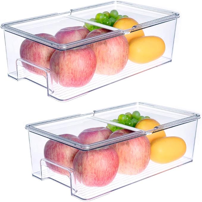 SANNO Vegetable Refrigerator Organizer Food Bins with lids Large Stackable Fridge Clear Organizers Kitchen Cabinet Organizer for Freezer, Kitchen, Countertops, Cabinets Pantry Storage Bins，set of 2 - Image 4