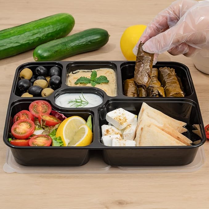 Restaurantware Asporto 53 Ounce Food Containers 100 Microwavable Take Out Food Containers - Clear Plastic Lids Included WIth 6 Compartments Black Plastic Catering Food Containers Disposable - Image 5