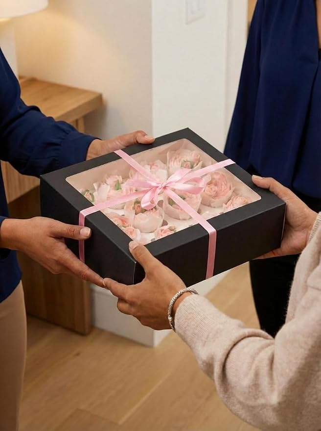 qiqee Auto-pop Up Cupcake Boxes with Window Black 40PCS 12 Count Cupcake Box 13"x10"x3.5" Cupcakes Carrier, 12 Cupcake Containers with 2 rolls of pink ribbons - Image 7