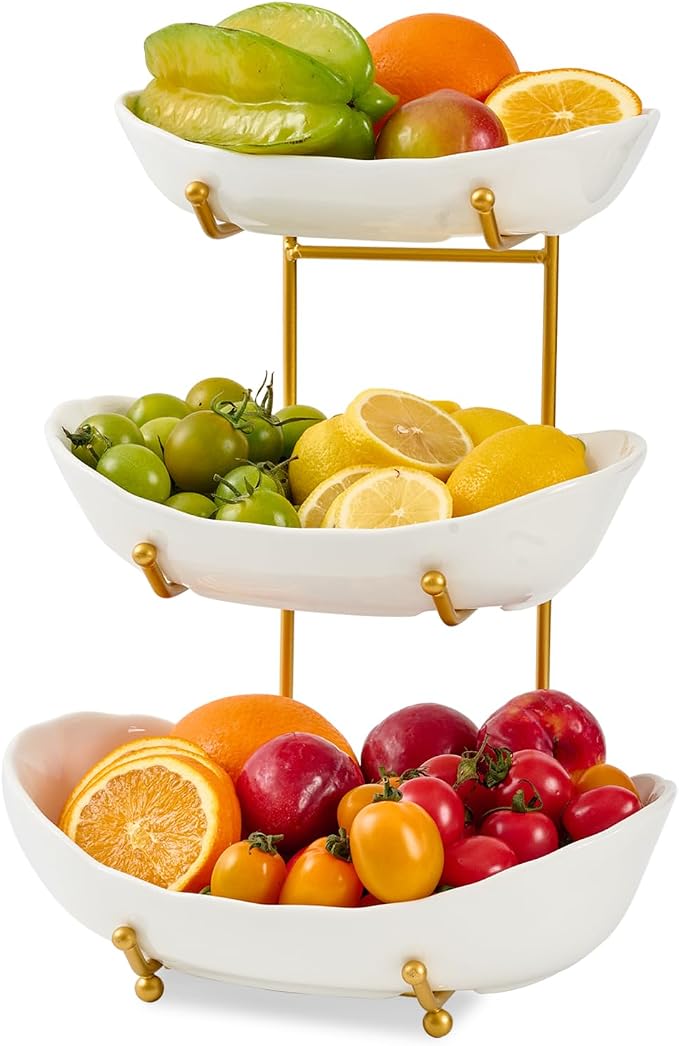 Fruit Bowl for Kitchen Counter with Gold Metal Stand | 3 Tier Fruit Holder,Tiered Fruit Basket for Fruit Vegetable Storage, Snack, Nuts, Cake, Dessert (White) by Unknown