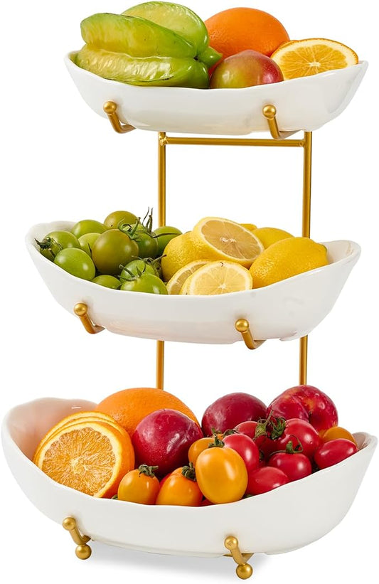 Fruit Bowl for Kitchen Counter with Gold Metal Stand | 3 Tier Fruit Holder,Tiered Fruit Basket for Fruit Vegetable Storage, Snack, Nuts, Cake, Dessert (White) by Unknown