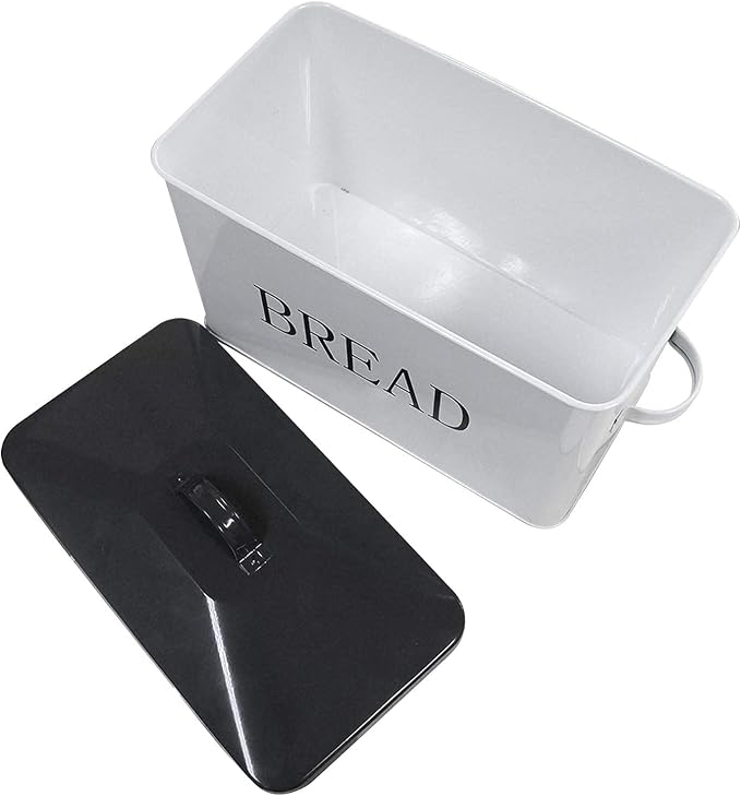 SOTECH Metal Bread Box with Lid for Kitchen Countertop Large Bread Bin kitchen Bread Food Snacks Storage Container Farmhouse BreadBox Grey Lid White Body with Side Handles - Image 2