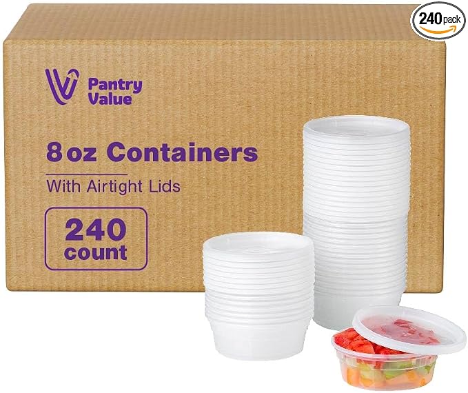 [Case of 240 8 oz. Plastic Food Storage Deli Containers with Lids, Disposable Soup Containers With Lids - Perfect for Storing Soups, Sauces, and Snacks by PantryValue