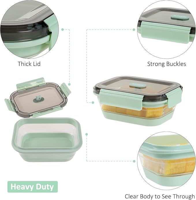 Collapsible Food Storage Containers with Lid & Air Vent, Clear Stacking Silicone Collapsible Food Container Set, Microwave Freezer Dishwasher Safe Space-Saver, Set of 4, Mint Green - Image 4