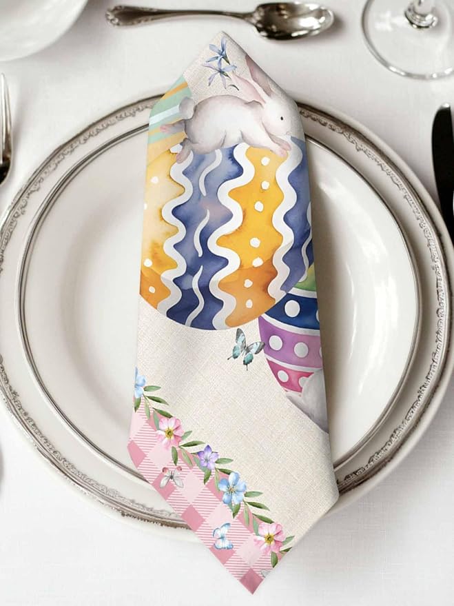 Easter Eggs Cloth Napkins Set of 8, Spring Watercolor Bunny Butterflies Floral Pink Buffalo Plaid Dinner Napkins Cloth Washable, Cocktail Napkins Reusable for Wedding, Party, (20"x20") - Image 2