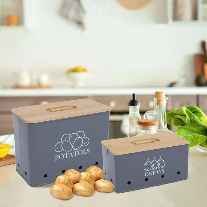 Potato Onion Storage Box, Food Container Sets, Storage Canisters for Vegeatables, Set of 2 Jars Pots Containers, Potato & Onion Bin with Aerating Tin Storage Holes & Bamboo Lid-Gray - Image 5