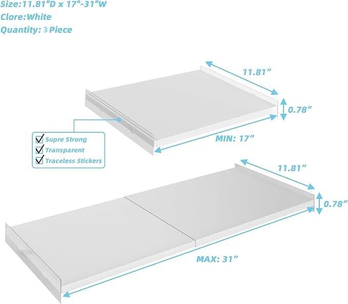 Adjustable Closet Shelves Organizer,3 Pack Expandable Racks for Wardrobe,Cabinet,Storage Tension Shelving for Pantry Cupboard Kitchen (White,W:11.8" D x 17"-31" W,3-PCS) - Image 3
