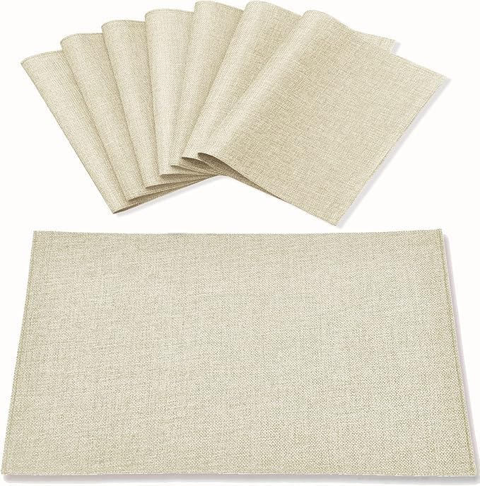 Cloth Placemats Set of 8, Linen Type Fabric Placemats Machine Washable Heat Resistant Placemats Wrinkle Free Thick Polyester Kitchen Place Mats for Dining Table (Beige) by Rinpon