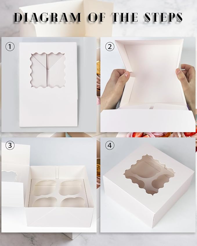 qiqee Auto-pop Up Cupcake Boxes with Window White 100PCS 4 Count Cupcake Box 6.3"x6.3"x3" Cupcakes Carrier, 4 Cupcake Containers - Image 4