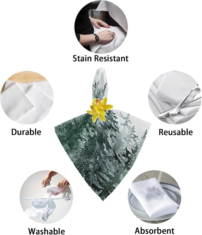 Christmas Cloth Napkins Set of 4, Watercolor Green Xmas Tree Winter Snowflake Dinner Napkins Cloth Washable, Cocktail Napkins Reusable for Wedding, Party, Birthday (20"x20") - Image 6