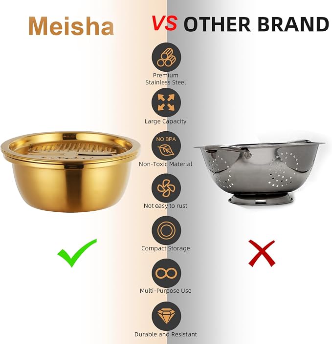 Meisha Colander, 3Pcs Stainless Steel Kitchen Tool 3 in 1 Fruit and Vegetable Strainer Bowl Set Fine Mesh Shredding Sink Drain Pot Basket for Fruits Vegetables Rice Food Washing Mixing, Silver - Image 2