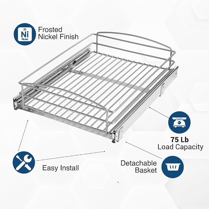 Knape & Vogt RS-MUB-14-FN 5 in. H x 15 in. W x 20 in. D Multi-Use Basket Silver Pull Out Cabinet Organizer, Frosted Nickel - Image 7