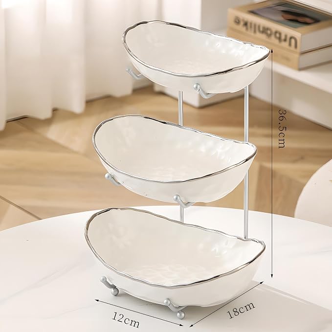 White Fruit Bowl with Silver Metal Stand, 3 Tier Modern Ceramic Fruit Bowl Fruit Rack for Kitchen Counter, Tiered Fruit Basket for Snacks Bread Candy Storage (White B,3 Tier) - Image 2