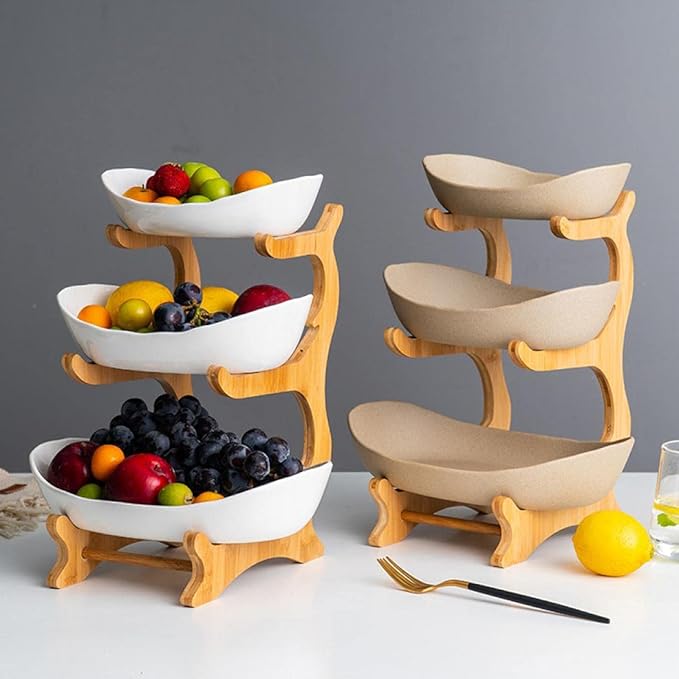 3 Tier Fruit Bowls For Kitchen Counter, Ceramic Fruit Basket Stand | Wooden Fruit Serving Tray, Large Capacity, Snacks Nuts Cake Storage Holder for Party (White porcelain) - Image 2