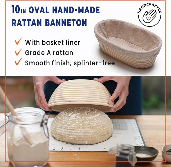 Banneton Oval 10" Sourdough Proofing Basket Set, Artisan Bread Kit, Sourdough Starter Kit, Gifts for Bakers - Image 5