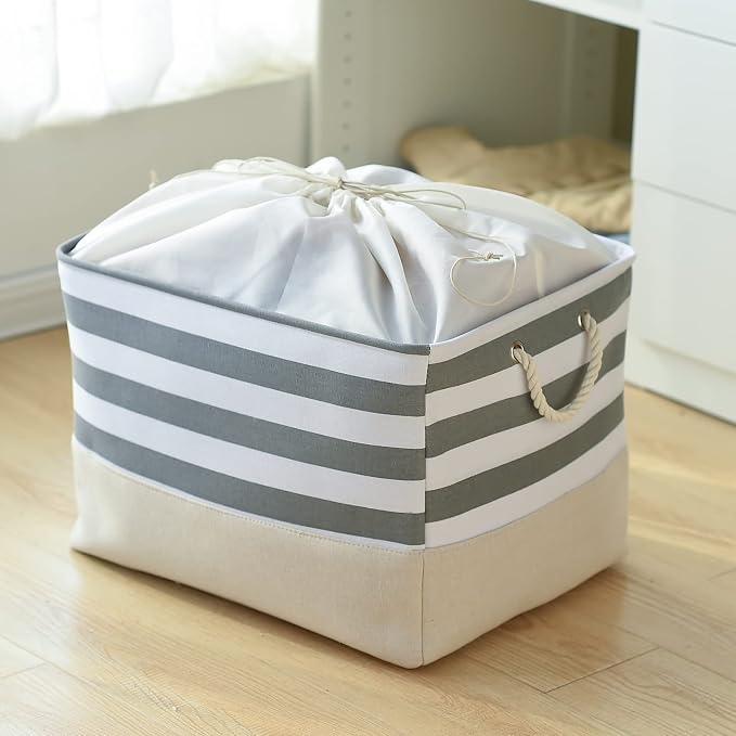Jumbo Storage Bins Baskets, Sturdy Fabric Organizing Basket W/Handles, Decorative Foldable Storage Baskets for Shelves Closet Nursery Toy (Grey&White Stripes 3 Pack, 20.5Lx15.7Wx13.8H in) - Image 5