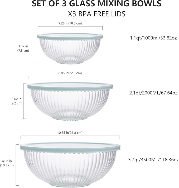 Luvan Glass Mixing Bowls with Lids Set(3.7QT, 2.1QT, 1.1QT),3PC Glass Nesting Bowl, Large Salad Bowls Sets with lids,Clear Cooking Bowl for Kitchen Prep,Food Storage,Baking,Microwave and Oven Safe - Image 2
