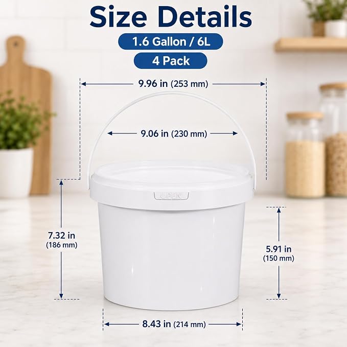 DEMORA 4 Pack 1.6 Gallon Food Grade Storage Buckets with Lids, White | BPA-Free & Stackable, Leakproof Freezer Safe; For Deli, Ice Cream, Meal Prep, Cleaning, Car Wash & Fishing - Image 2