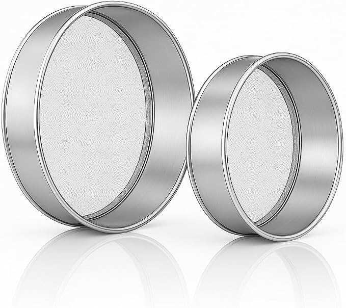 Stainless Steel Flour Sifters, Set of Fine Mesh Round Flour Sieves for Baking - 8" Diameter x 2.5" High and 9.5" Diameter x 2.5" High; Both 50 Mesh by Vollum