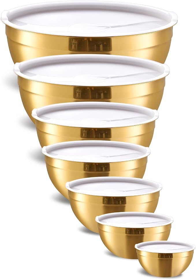 Gold Mixing Bowls With Airtight Lids,Stainless Steel Bowl,Salad Bowls 7 Piece Colorful Nesting Bowl Gold Kitchen Accessories,Size 7,3.6,2.7,2.1,1.5,1.1,0.8QT Stackable Design by Onlycooker