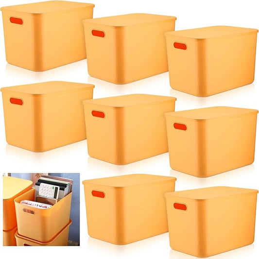 8 Pieces Colorful Storage Bins with Lid, Plastic Storage Basket Organizing Container Stackable Box with Handle for Shelves Desktop Playroom Office(14.2 x 10.2 x 9.5 Inch,Yellow) by Hoolerry