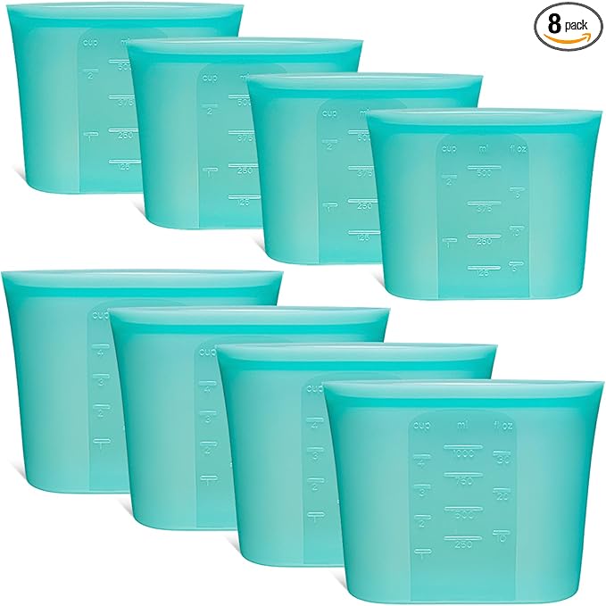 8-Pack Reusable Silicone Food Storage Bags, 100% Silicone Stand-Up Wide-Open Zip-Lock Reusable Storage Bags for Food, Freezer Microwave Oven Dishwasher Safe, Aqua, 4S 4XS by SiliseaDirect