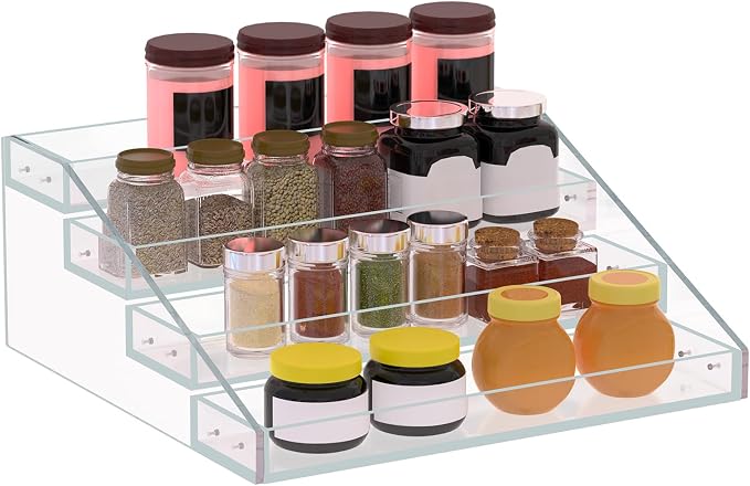 PMMASTO Widen Tiered Spice Rack, Seasoning Organizer, Clear Acrylic Vertical Shelves Can Organizer for Countertop, Cabinet, Pantry, Kitchen Organization and Storage - 4 Tier by PMMASTO