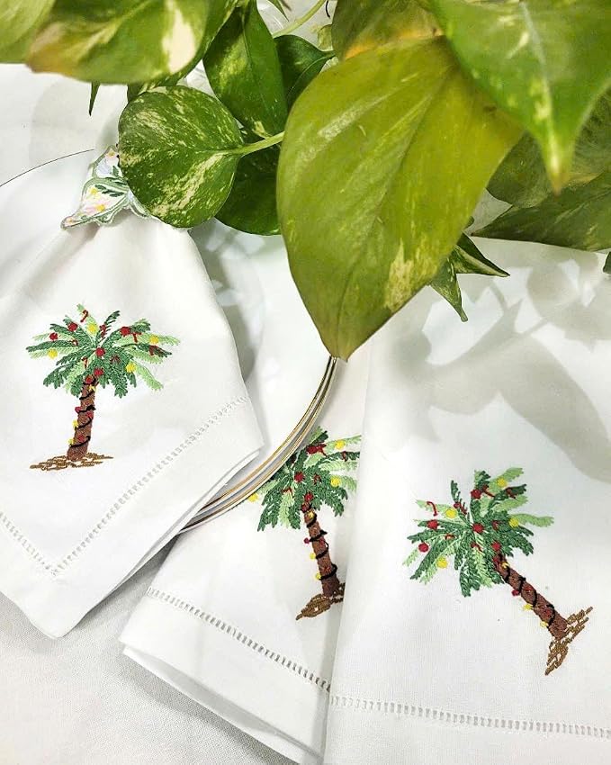 Embroidered Cloth Napkin Palm Tree Cotton Napkins Set of 6, 20x20 Hemstitch Table Napkins Machine Washable, Daily & Christmas, Great Present Ideas - Image 2