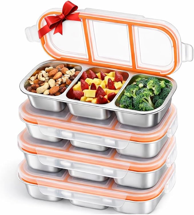 Set of 3 Pack Stainless Steel Snack Container,3 Compartment Bento Lunch Box with Leakproof Grey & Orange Lid,Reusable Metal Food Storage Container,Portable Snack Box for Work,1.5 lb Capacity by FLEXARO
