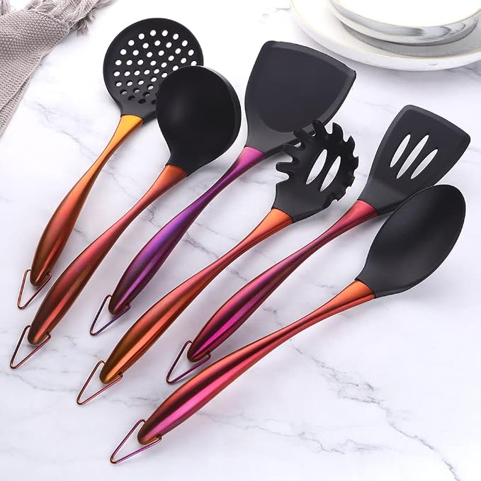 Silicone Cooking Utensil Set, 6 pcs Silicone Cooking Kitchen Utensils Set, Non-stick Kitchen Cookware Titanium Stainless Steel Handle with Utensil Holder, Spatula Set for Cooking -Orange Red - Image 4