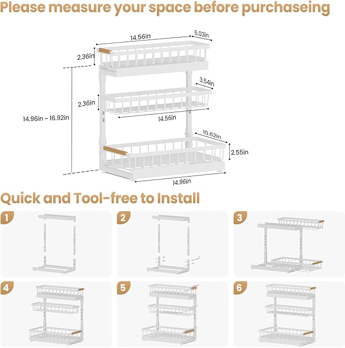 Under Sink Organizer and Storage 3 Tier Cabinet Pull Out Shelf Organizers | 2 Pack 3 Tier under sink storage for Bathroom and Kitchen Slide Out Drawer Organization for Home Cabinets Shelves and Drawers - Image 9