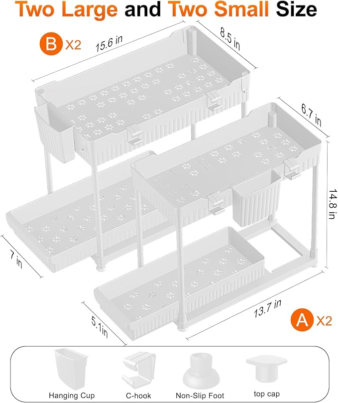 4-Pack 2-Tier Under Sink Organizer with Pull Out Drawers | Multi-use kitchen & bathroom storage. Includes hanging hooks and cups. White, space-saving cabinet design. 14.8 Inch - Image 2