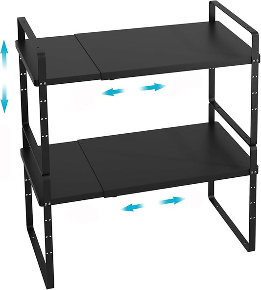 2 Pack Expandable Cabinet Storage Shelf Organizer Rack, Heavy Duty Steel Metal Spice Rack Adjustable Height Office Garage Pantry Shelf Space Riser for Counter Kitchen Organization, Black by iPEGTOP