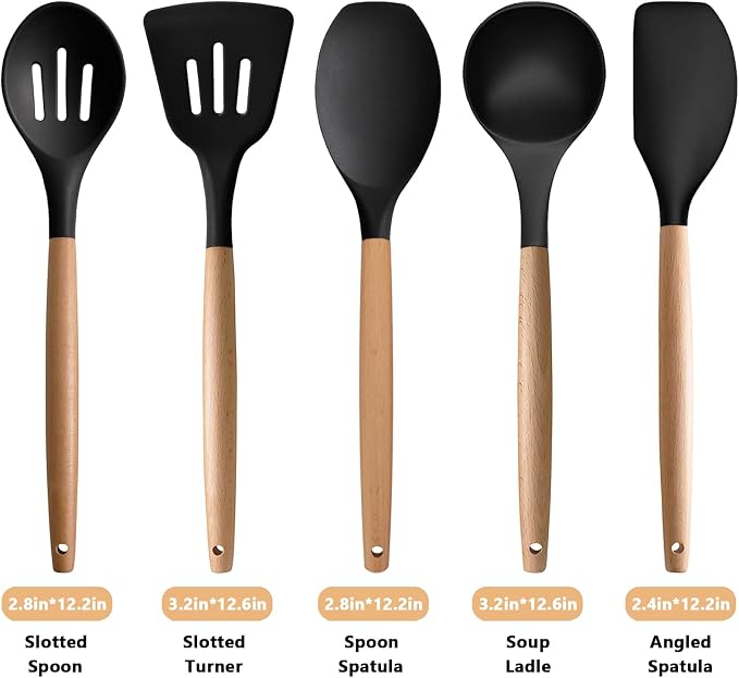 Silicone Cooking Utensils Set of 5, Heat Resistant Silicone Kitchen Utensils Set with Wooden Handle, BPA Free Spatula Spoon Turner Ladle Cooking Kitchen Gadgets for Nonstick Cookware & Baking - Image 3